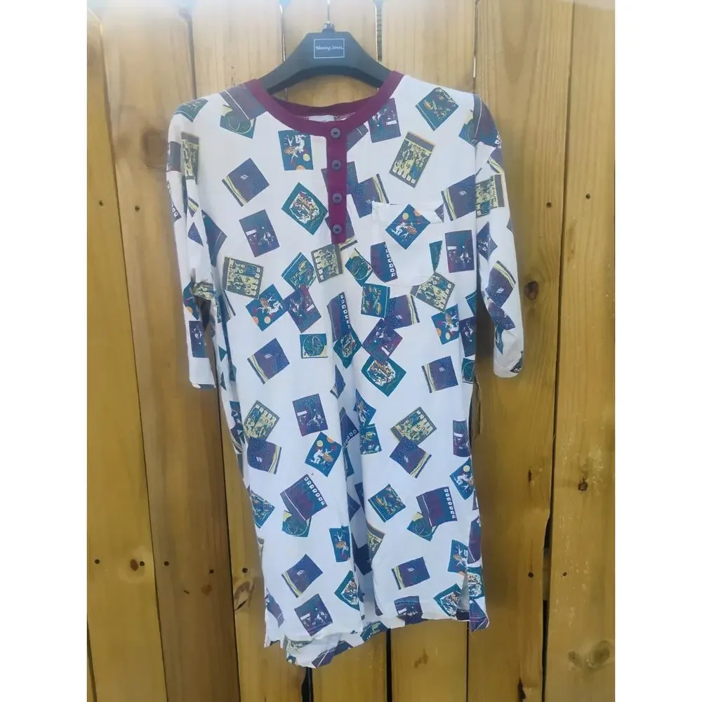 Vintage Simply Basic 3X Cat Cotton Flannel Henley Pajama Nightshirt Nighty Pjs